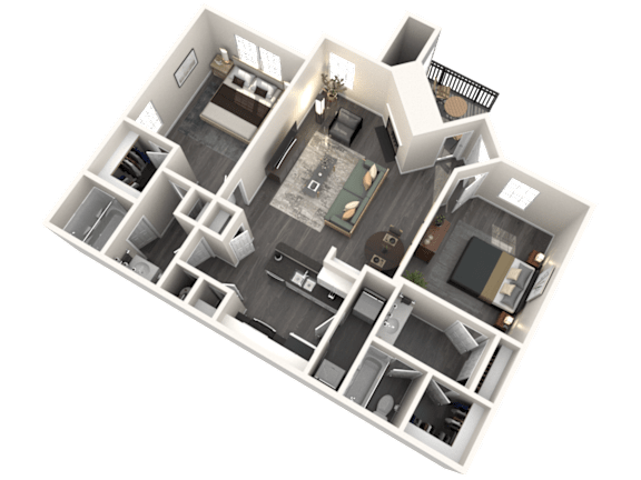 A 3D floor plan of a house with multiple rooms and furniture.