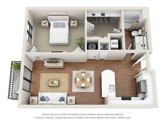 A 3D floor plan of a small apartment with a bedroom, living room, and kitchen.