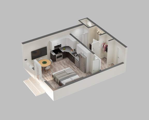 A 3D rendered image of a modern apartment layout.