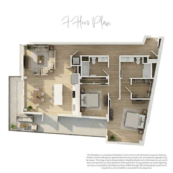 A floor plan of a 2-story apartment with a living room, dining room, kitchen, and bedrooms.