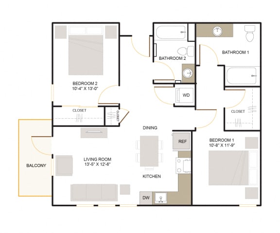 C2 Floor Plan 2 Bed - 2 Bath |1,010 sq. ft.