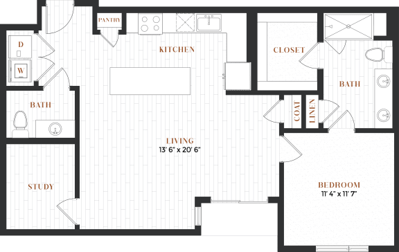 the floor plan of a bedroom apartment with a bathroom and a living room