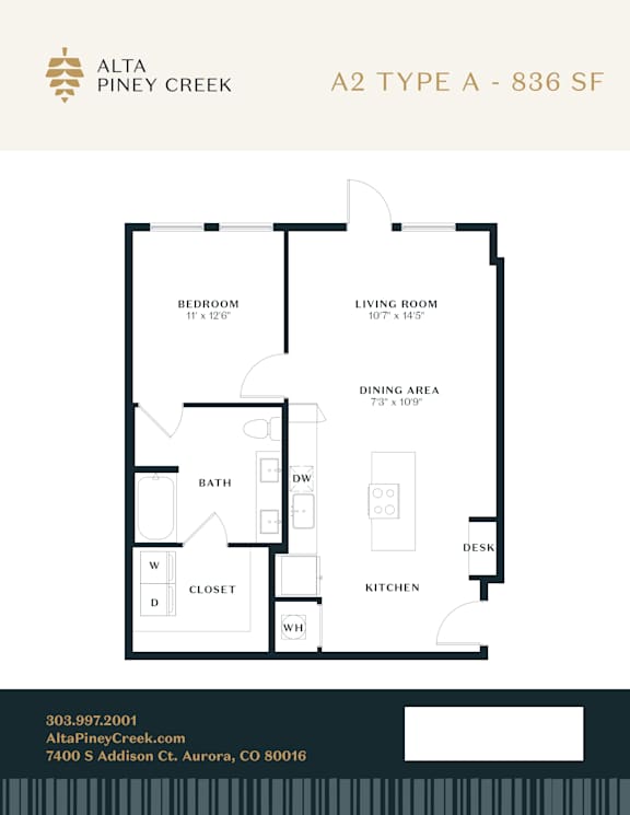 A floor plan for a 2 type A - 836 SF property by Alta Piney Creek.