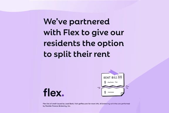 A purple poster advertising a partnership with Flex to allow rent splitting.