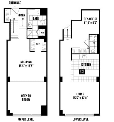 A floor plan of a two-level home with labeled rooms such as entrance, foyer, bath, den/office, sleeping, kitchen, living, and open to below.