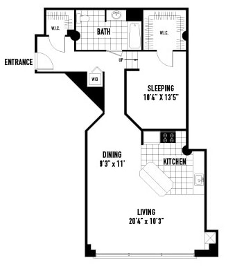 A black and white image of a floor plan for a small apartment.