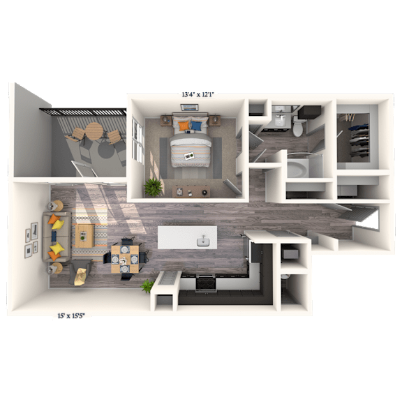 A 3D floor plan of a house showing a kitchen, living room, and bathroom.