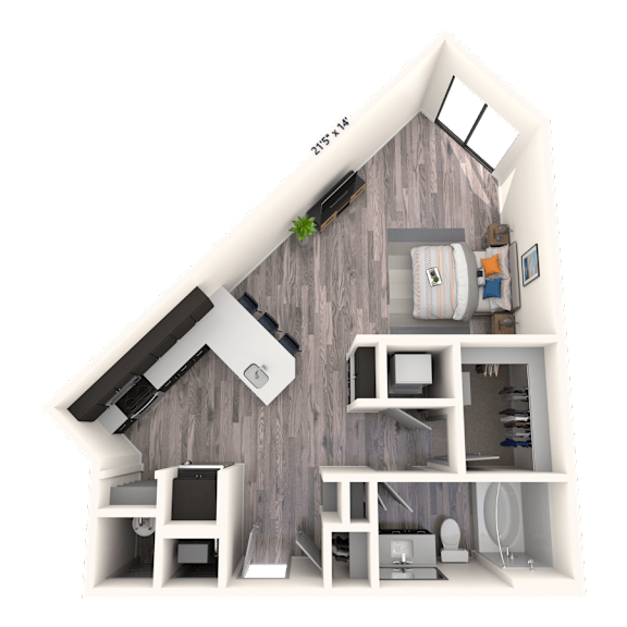 A 3D rendered image of a small house layout with a kitchen, living room, and bathroom.