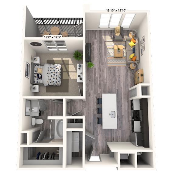 A 3D floor plan of a small apartment with a living room, kitchen, and bathroom.