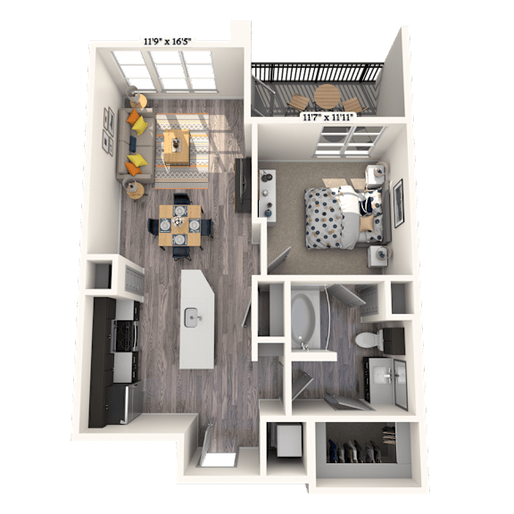 A 3D floor plan of a small apartment with a kitchen, living room, and bathroom.