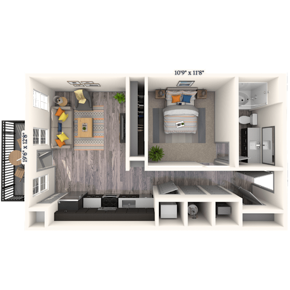 A 3D floor plan of a small apartment with a living room, kitchen, and bedroom.