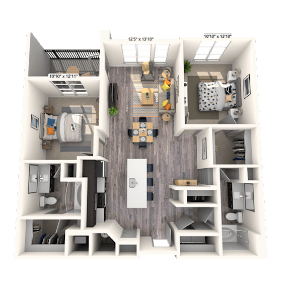 A 3D floor plan of a house with a living room, kitchen, and two bedrooms.