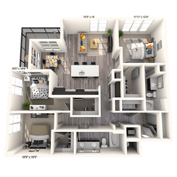 A 3D floor plan of a house with a living room, kitchen, and two bedrooms.