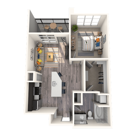 A 3D floor plan of a practical apartment with a kitchen, living room, and bathroom.