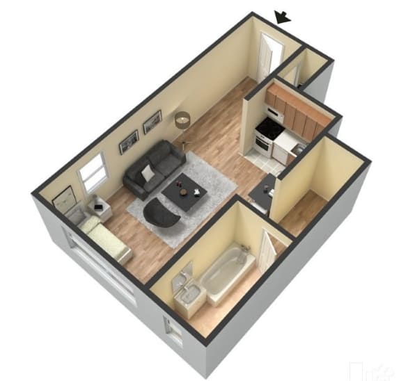 a floor plan of a small apartment with a living room and a bedroom