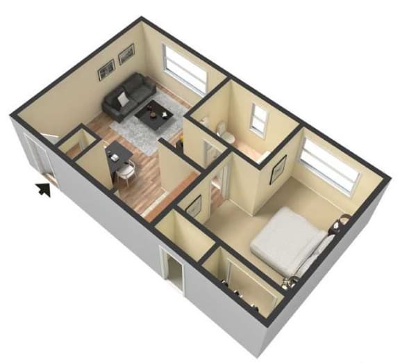 a floor plan of a small apartment with a couch and a chair
