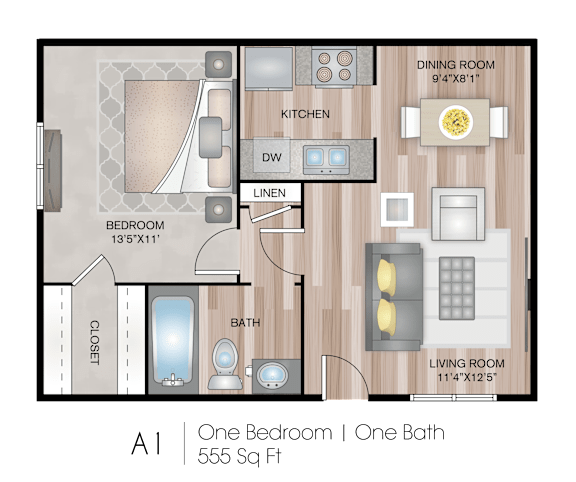 A one bedroom apartment with a living room, kitchen, and bathroom.