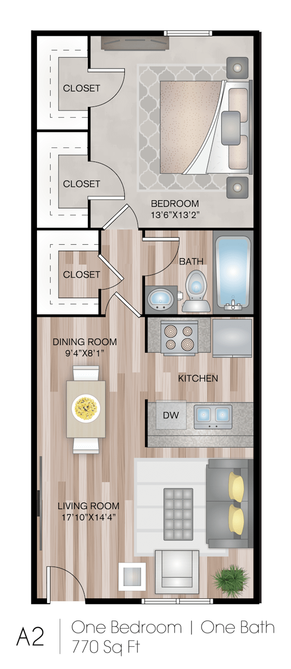 A 770 square foot one bedroom one bath apartment.