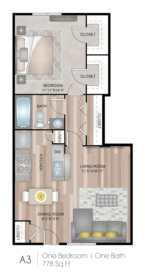 A 7/8 square room with a one bathroom and one bedroom.