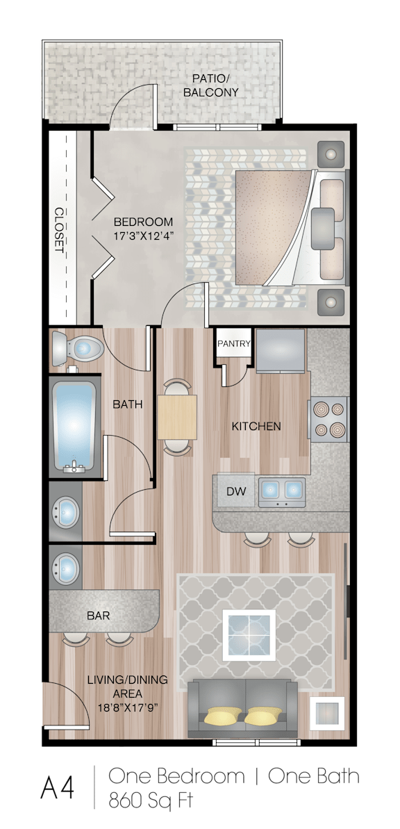 A floor plan of a one bedroom apartment with a living room, kitchen, bathroom, and balcony.
