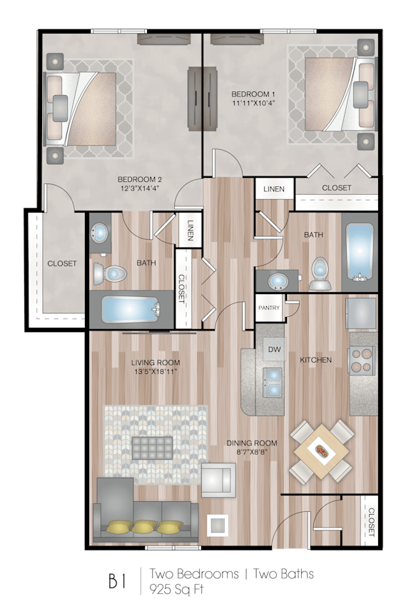 A floor plan of a one-bedroom apartment with two bathrooms and a living area.
