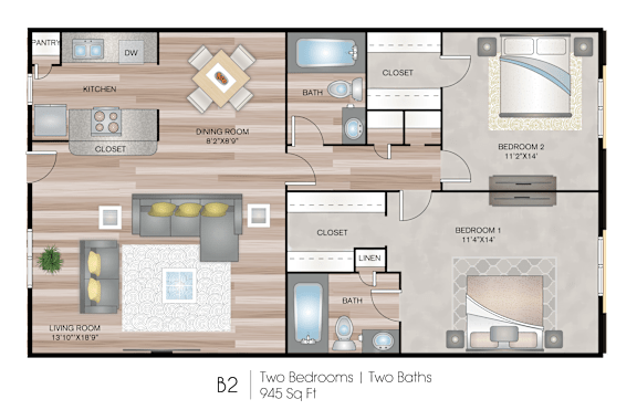 A floor plan of a B2 apartment with two bedrooms, two bathrooms, and a living room.