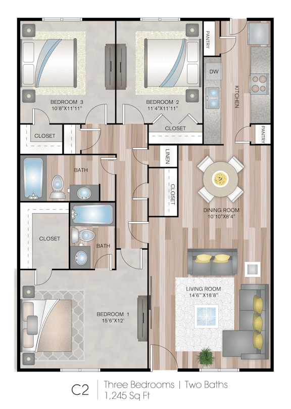 A floor plan of a home with three bedrooms and two bathrooms.