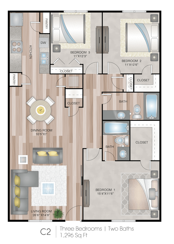 A floor plan of a three bedroom apartment with two bathrooms.