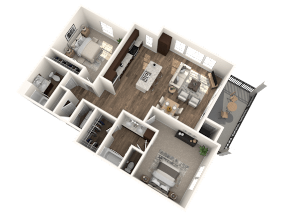 Floor Plan  A 3D floor plan of a house with multiple rooms and furniture.