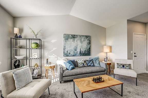 A living room with a grey couch, a wooden coffee table, and a grey rug.