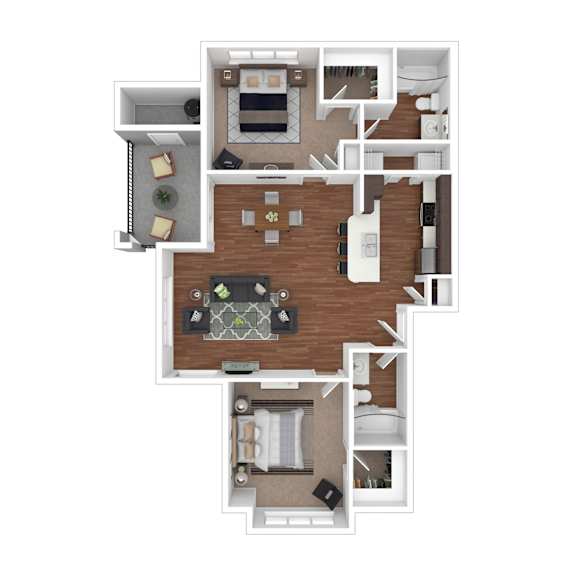 A top-down view of a house layout with a kitchen, living room, and bedrooms.