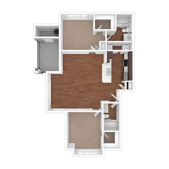 A 3D floor plan of a house with a kitchen, living room, and two bedrooms.