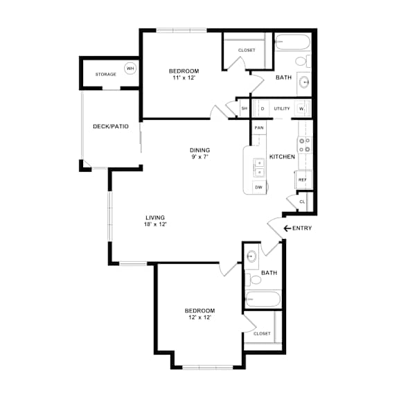 A black and white floor plan of a two bedroom apartment.