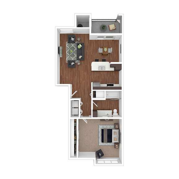 A top-down view of a small apartment with a kitchen, living room, and bathroom.
