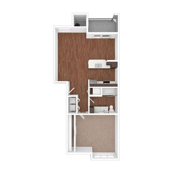 A drawing of a house with a kitchen, living room, and bathroom.