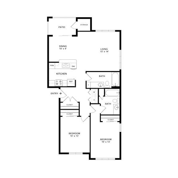 A floor plan of a house with two bedrooms, a living room, a kitchen, a bathroom, a dining room, a pantry, a storage area, and a closet.