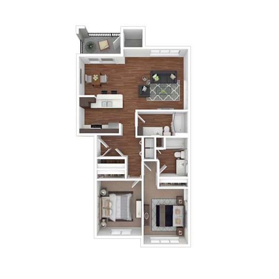 A floor plan of a two-bedroom apartment with a living room, kitchen, and bathroom.