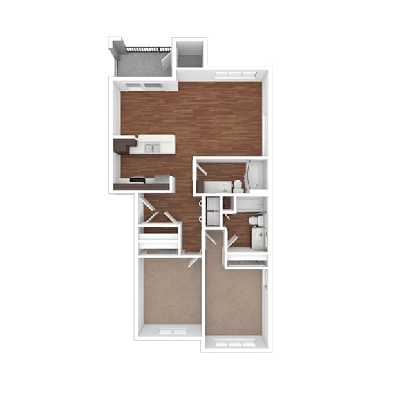 A floor plan of a small apartment with a kitchen, living room, and two bedrooms.