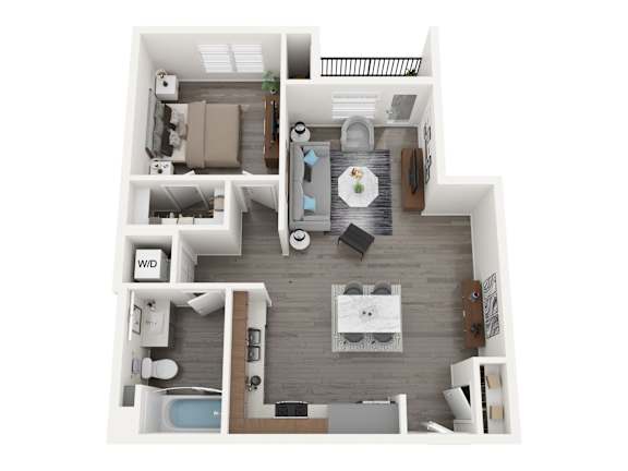 A top-down view of a small apartment with a kitchen, living room, and bathroom.