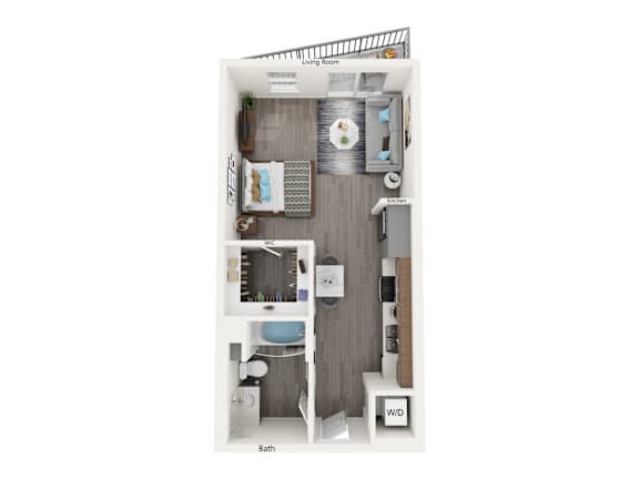 A floor plan of a small apartment with a bedroom, bathroom, and living room.