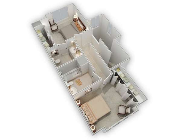 A 3D floor plan of a house with a kitchen, living room, and bathroom.