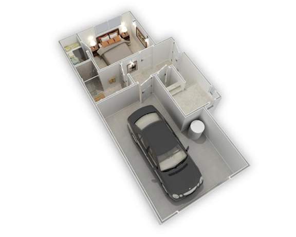 A 3D image of a house layout with a car parked in the driveway.