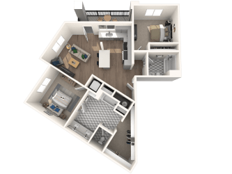 A 3D floor plan of a house with a kitchen, living room, and two bedrooms.