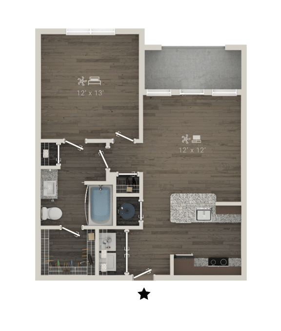 a floor plan of a bedroom with a bathroom and a living room