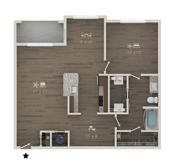 a floor plan of a 1 bedroom floor plan with a bathroom and a living room