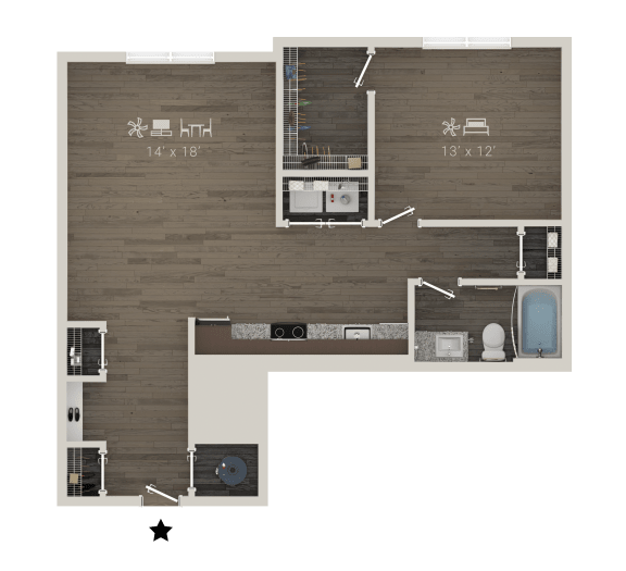 a floor plan of a bedroom with a bathroom and a living room