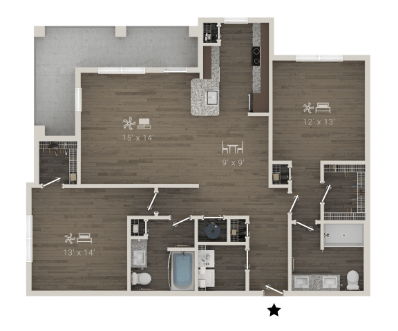 a floor plan of a room with a bedroom and a bathroom