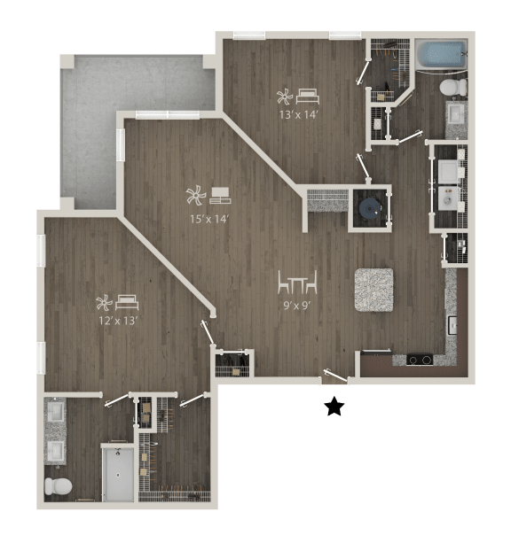 a floor plan of a bedroom apartment with a bedroom and a living room