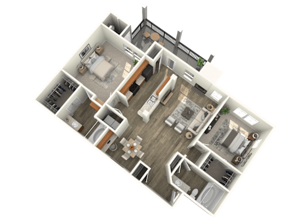 Floor Plan  A 3D floor plan of a house with a kitchen, living room, and bedrooms.