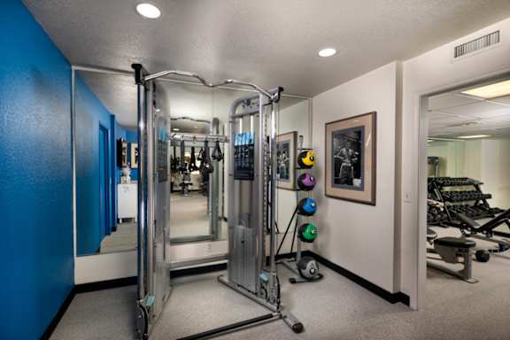 Workout room with weights and mirrors in a home gym at Ascend2300, 92008